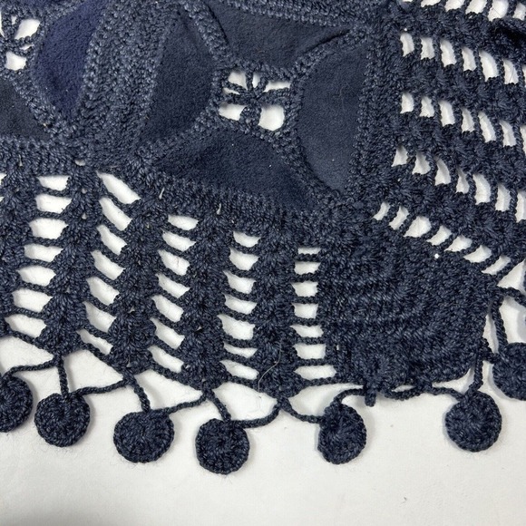 Vintage Navy Blue Leather Suede Crochet Patchwork Fringe Shawl Wrap - Picture 12 of 12